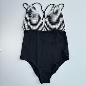 SUNN LAB SWIM Strappy Back Plunge One Piece Swimsuit‎ Black White Stripe Size S